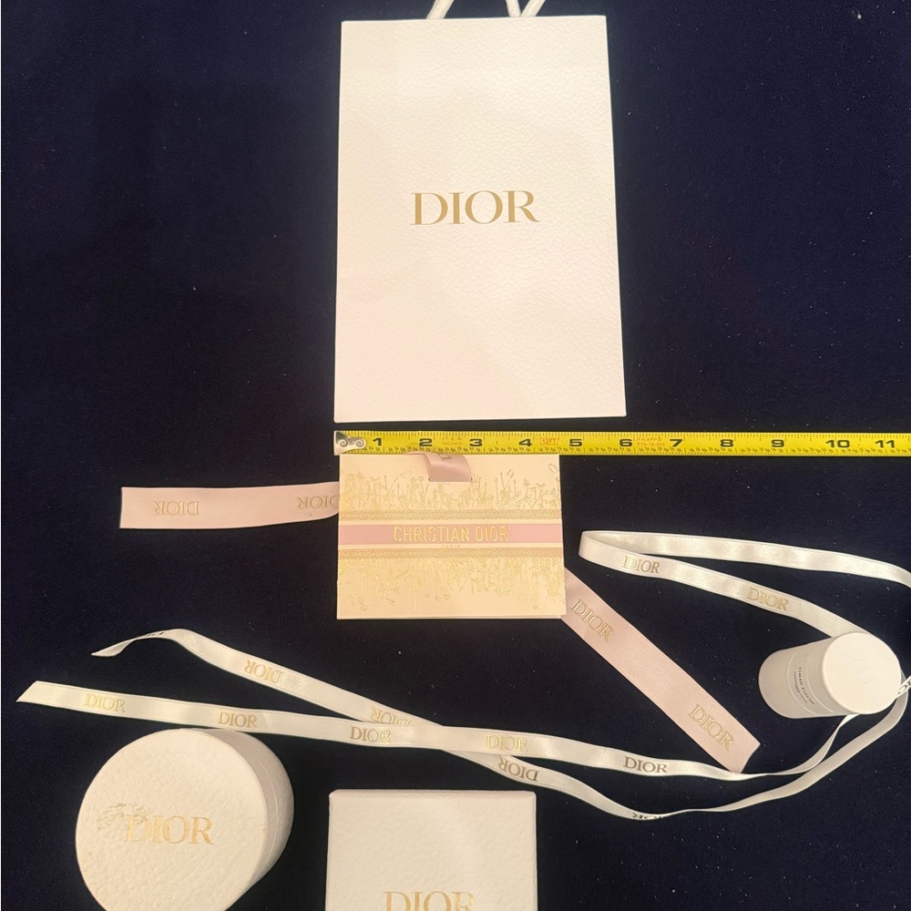 Dior Luxury Set of 3 Boxes, 2 Paper Bags & Ribbons  - White and Gold Details